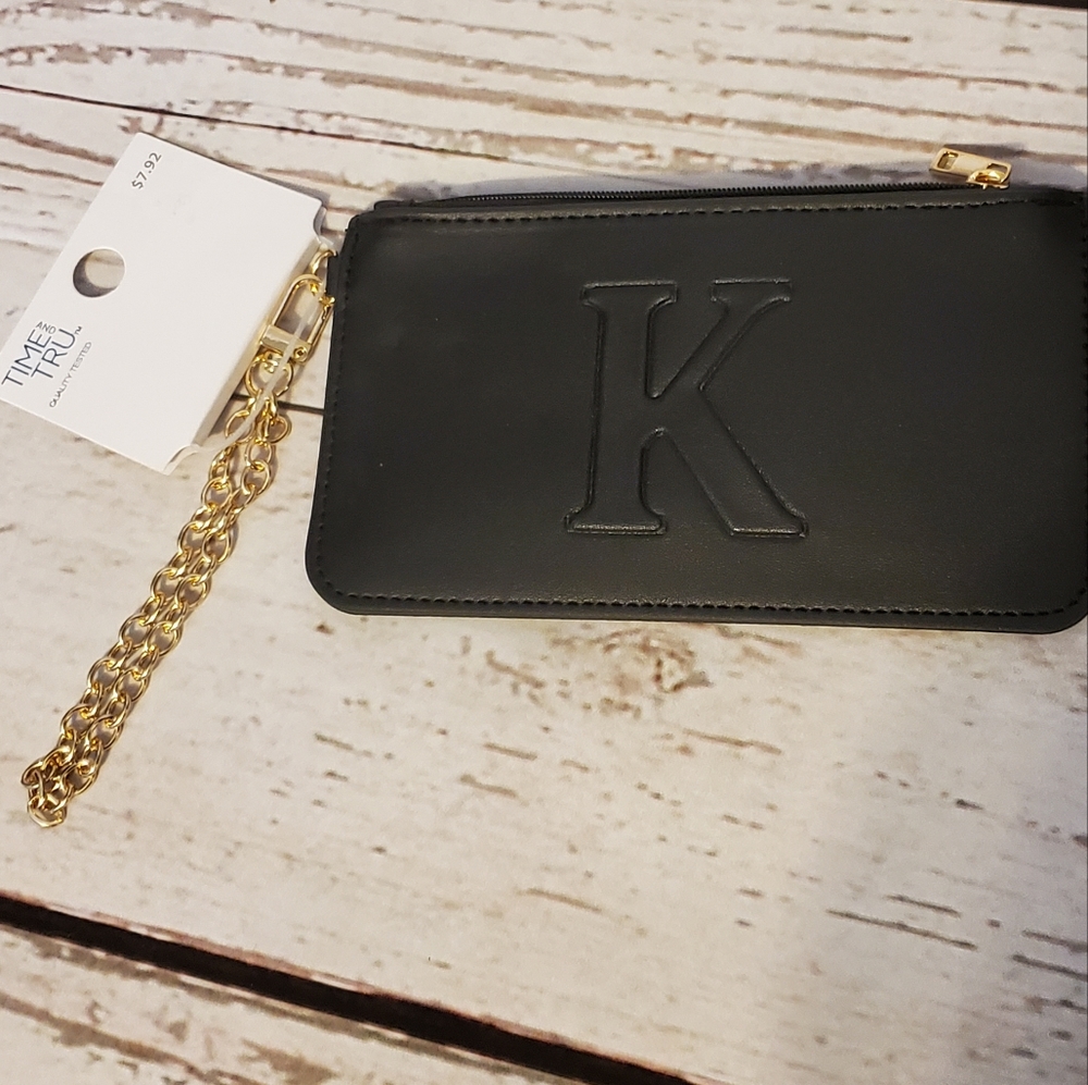 Time and Tru women's vinyl monogram initial wristlet black with goldtone chain